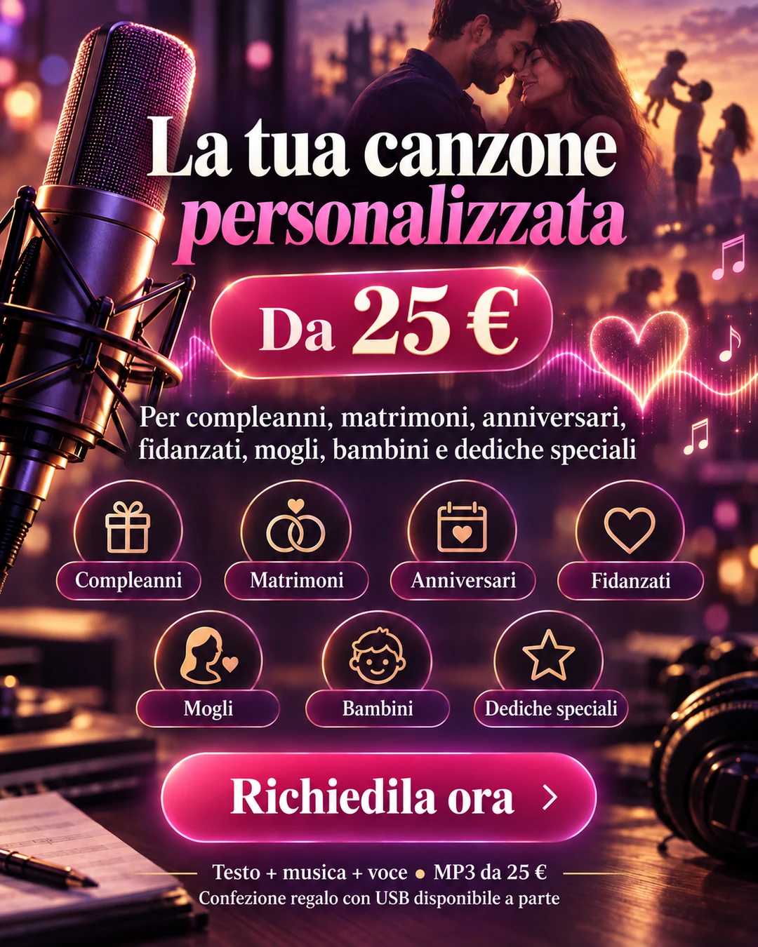 Canzone personalizzata in MP3 da 25 euro; confezione regalo con USB a parte