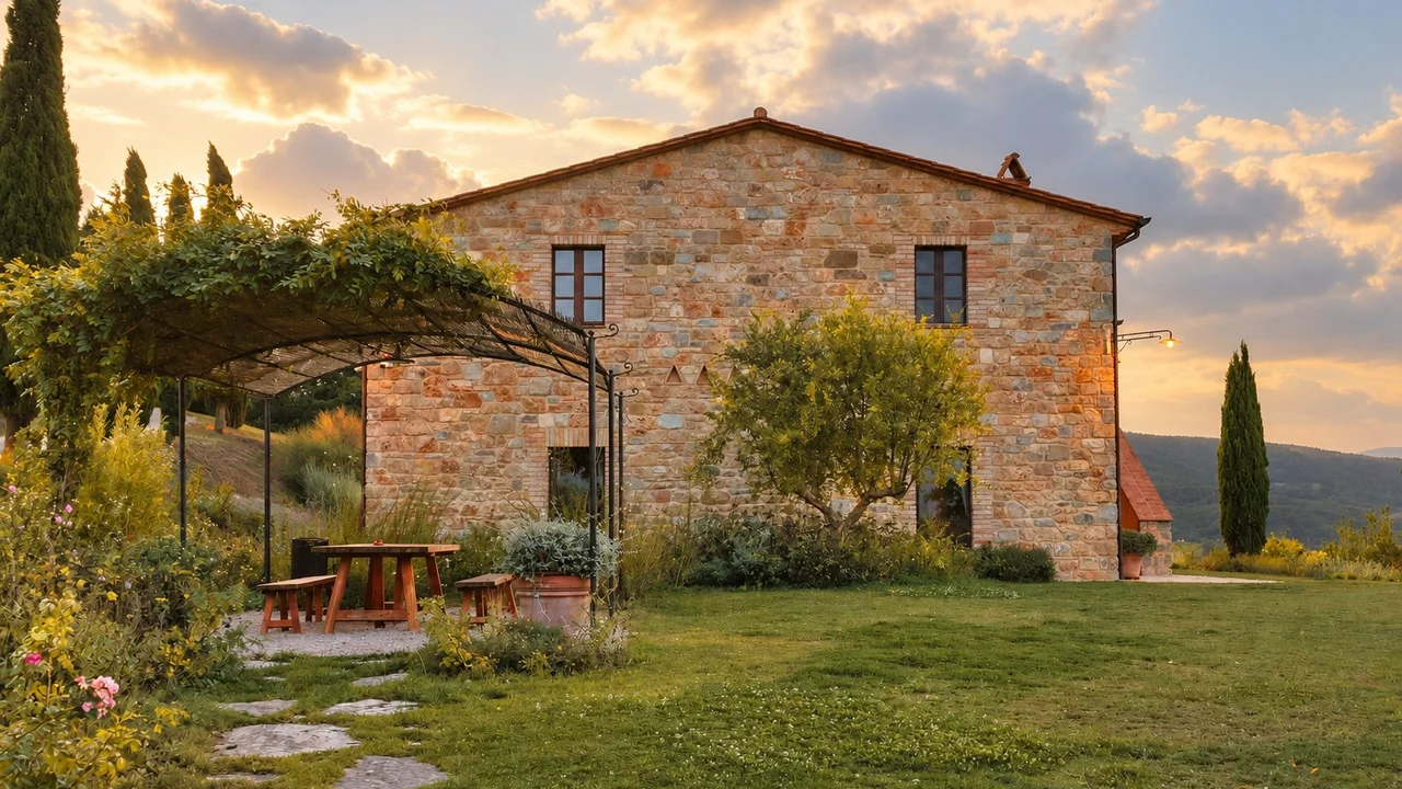 Agriturismo toscano con luce calda del tramonto